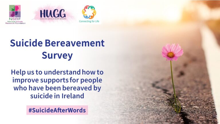 Poster for a suicide bereavement survey containing the image of a pink flower growing in a pavement crack