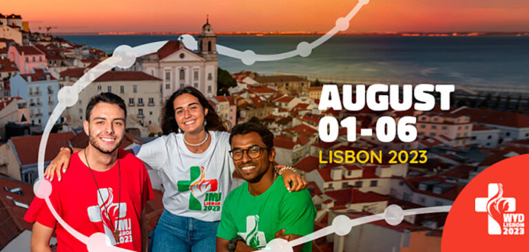 Poster titled "Lisbon 2023" with a man in a red t-shirt, a man in a green t-shirt and a woman in a white t-shirt, with a picture of Lisbon in the background