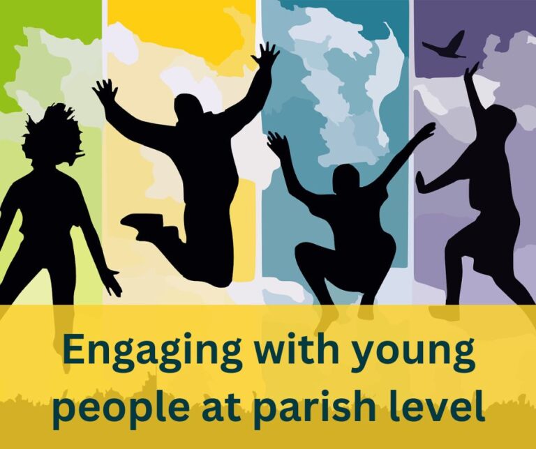Poster titled "Engaging with young people at parish level" with image of 4 shadows of people in different coloured backgrounds