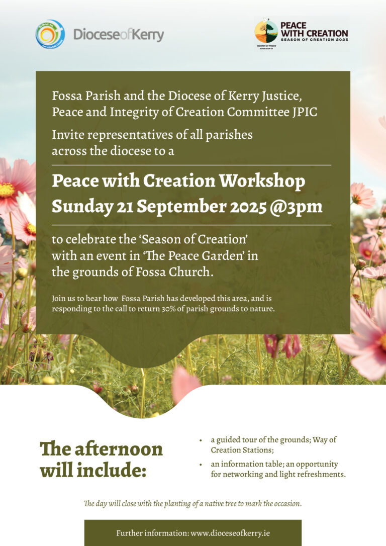 Green poster for a information on a peace creation workshop, with a background of pink flowers