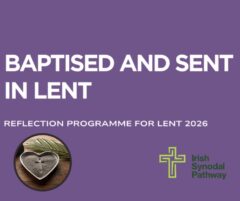 Purple booklet cover with the title "Baptised and Sent for Lent", with an image of a grey love-heart.